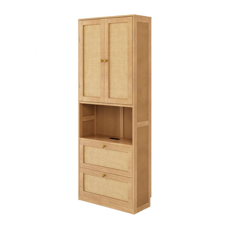 2 Doors Bookshelf with USB Port and 3 Drawers，Rattan Design Side Cabinet Storage Shelves，72.8 inch Tall Bookcase
