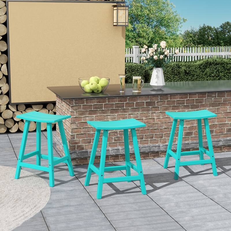 Polytrends Laguna Hdpe All Weather Outdoor Patio 24" Saddle Seat Counter Stool (Set Of 3) - Turquoise