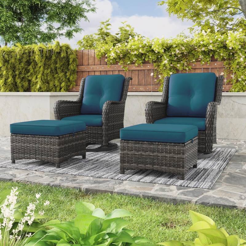 5 Piece Outdoor Conversation Furniture Set, Patio Rattan Swivel Rocking Chairs Set with 2 Ottomans and Coffee Table - Blue+Grey