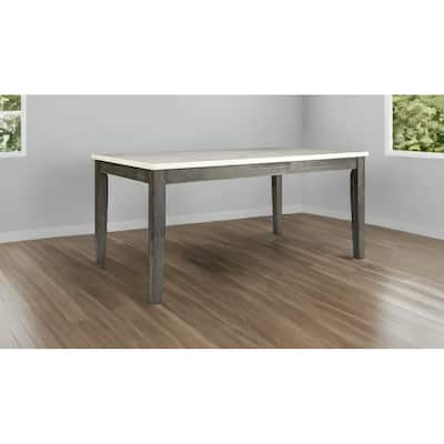 64" White And Gray Marble And Solid Wood Dining Table