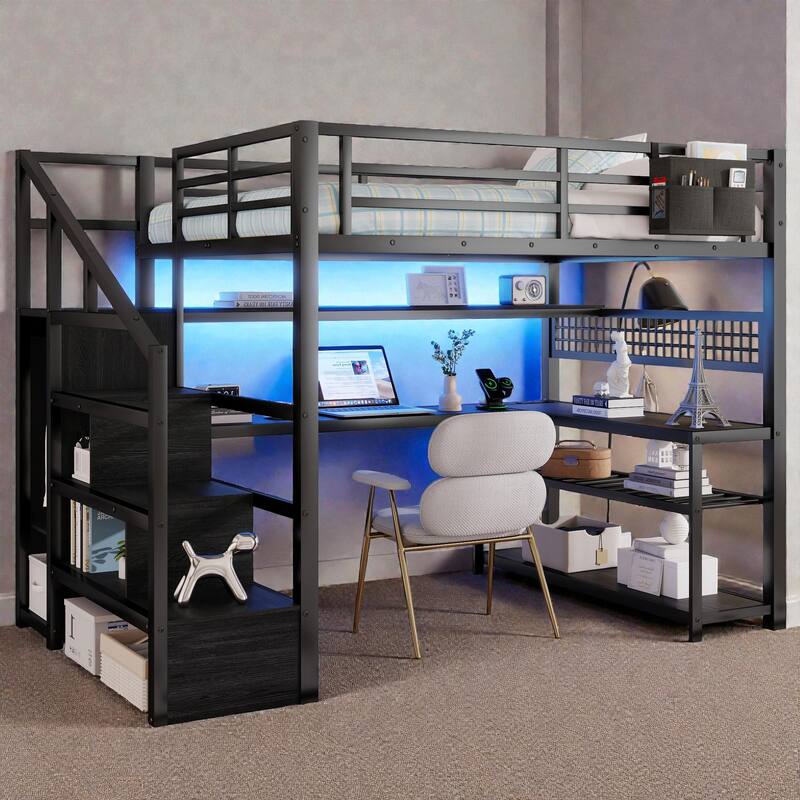 Full Size Metal Loft Bed with Staircase Storage, Wardrobe, Desk, Shelves, LED Lights and Charging Station - Black - Full