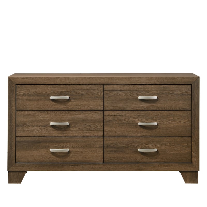 Wood Bedroom 6 Drawers Chest, Oak Finish Storage Dresser, No Assembly