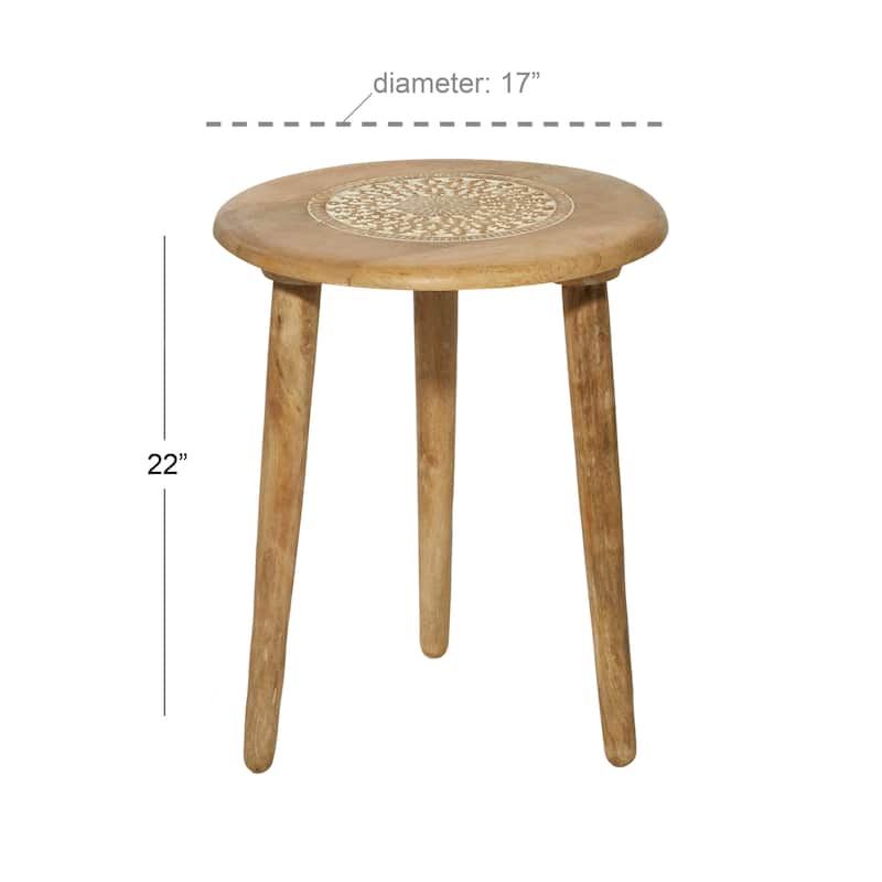 Mango Wood Floral Handmade Intricately Carved Accent Table with Tripod Legs - Brown or Dark Brown - Roche River Decor