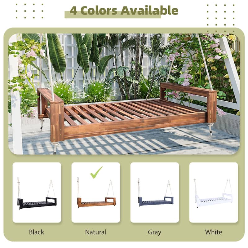 Twin Size Porch Swing Bed Patio Acacia Wood Swing Frame with Hemp Ropes