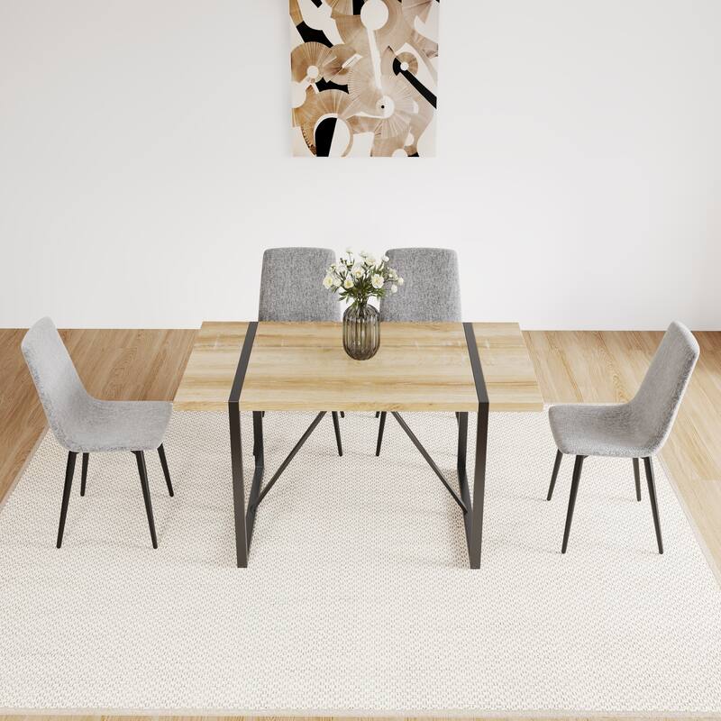 MDF Dining Table and Dining Chairs Set of 4,Wooden Kitchen Table Set,Metal Base & Legs,Dining Room Table and Linen Chairs