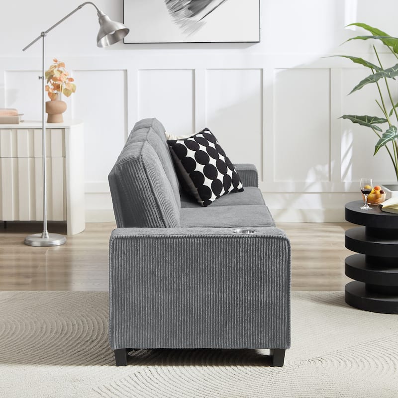 Extendable 3 Seat Sofa Corduroy Lounge Couch with Built-in Cup Holders