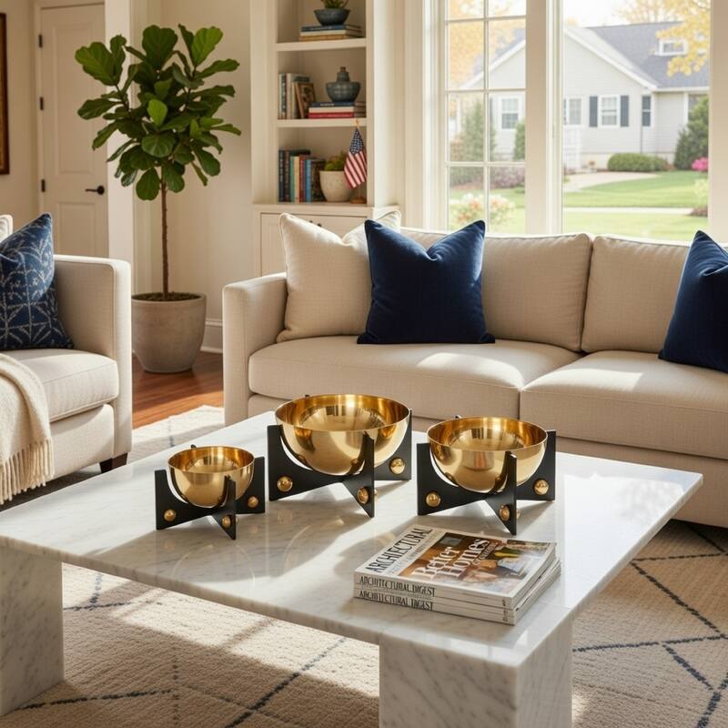 Set of 3 Aluminum Round Decorative Bowls, Gold Finish, Jet Black Stand