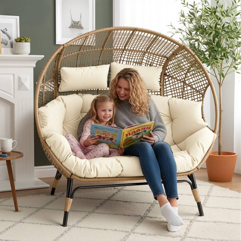 FINCATI 2-Person Indoor/Outdoor Wicker Egg Chair Loveseat, 57.1-in Wide, 6.5-in Cushion, 680-lb Capacity