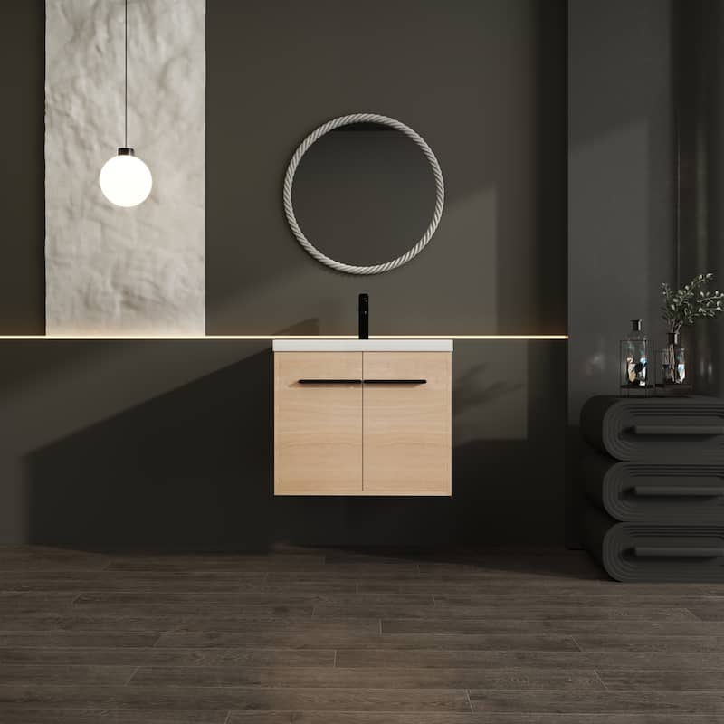 GDFStudio - Levistar Modern Wall-Mounted Bathroom Vanity Set with Scratch-Resistant Resin Sink & Soft Close Doors - 24" - Oak