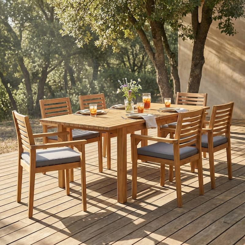 Christopher Knight Home - Modern 7-Piece Solid Acacia Wood Extendable Outdoor Dining Set with Cushioned Armchairs - Teak