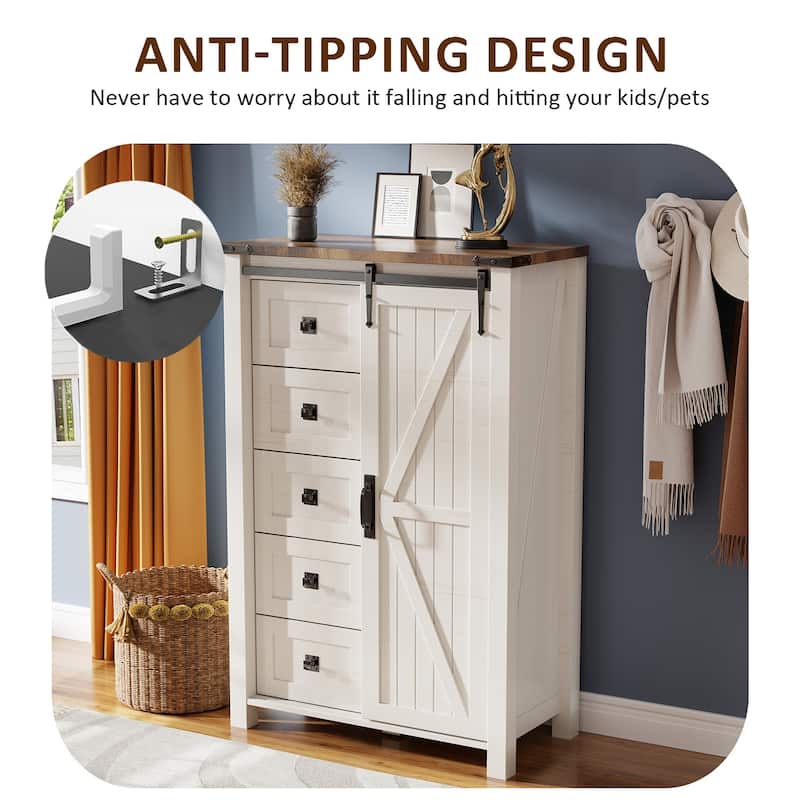 Farmhouse 5 Drawers Dresser, Vintage Chest of Drawers with Barn Door
