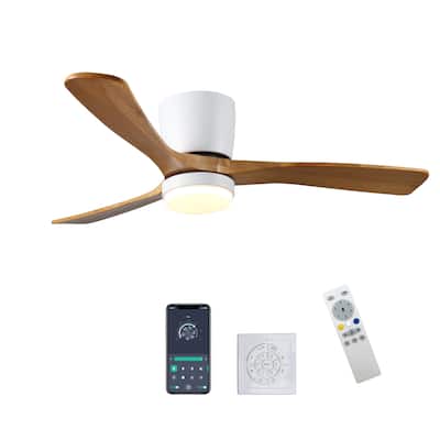 52 Inch White Wood Ceiling Fan Light Remote Flush Mount Low Profile 6 Speed Reversible DC Motor