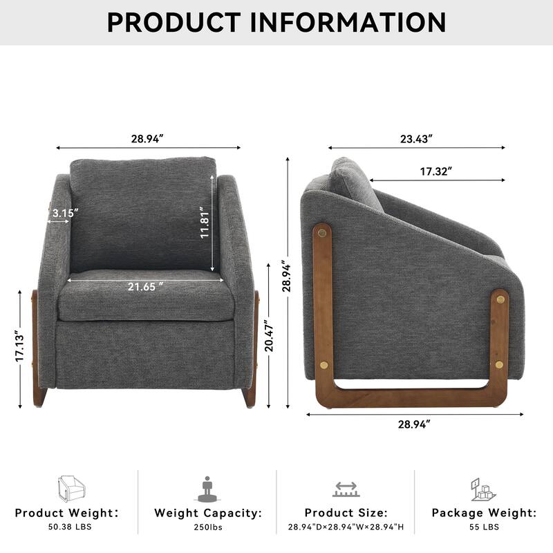 Modern Chenille Upholstered Armchair with Wooden Side Frame, Single Accent Leisure Chair with Backrest for Living Room, Bedroom