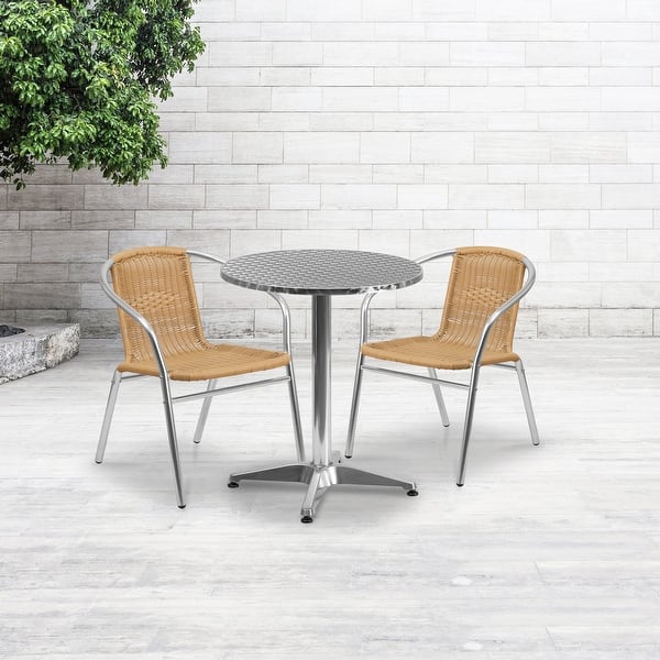 Shop 23 5 Round Aluminum Indoor Outdoor Table Set With 2 Beige Rattan Chairs 23 5 W X 23 5 D X 27 5 H On Sale Overstock 12040413
