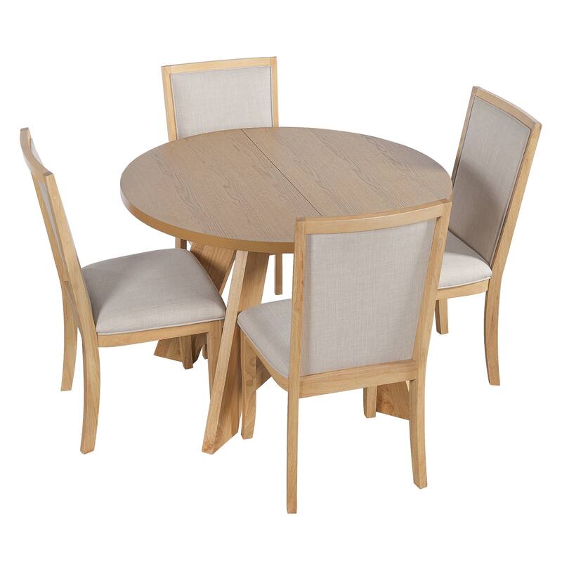 Farmhouse Round Extendable Dining Table Set for 4: 5-Piece Kitchen Table with Removable Leaf & 4 Upholstered Chairs