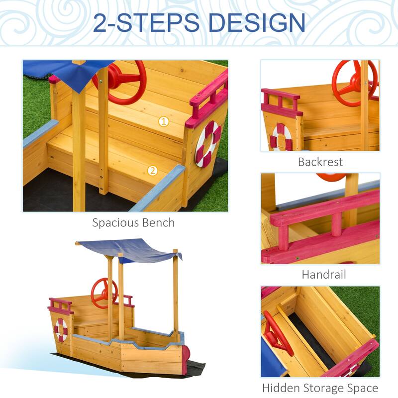 Outsunny Pirate Ship Kids Sandbox with Cover, Outdoor Wooden Sandbox Boat Toy for Backyard, Ages 3-8 Years Old