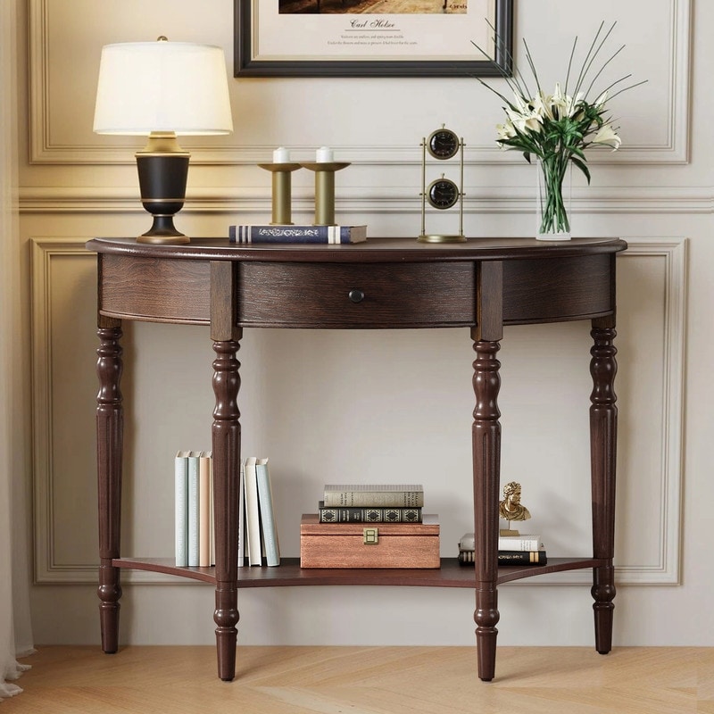 Farmhouse Half Moon Console Table with Drawer and Shelf for Entryway and Living Room Decor
