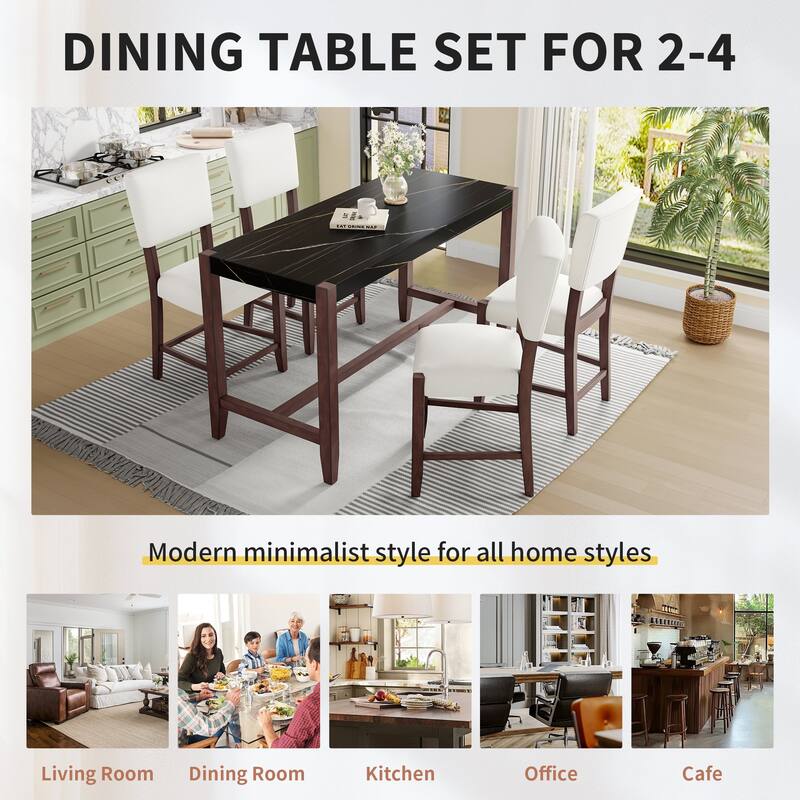 Mid-Century 5-Piece Pub Dining Set with Faux Marble Bar Table and 4 Linen Chairs, Ideal for Kitchen or Small Spaces
