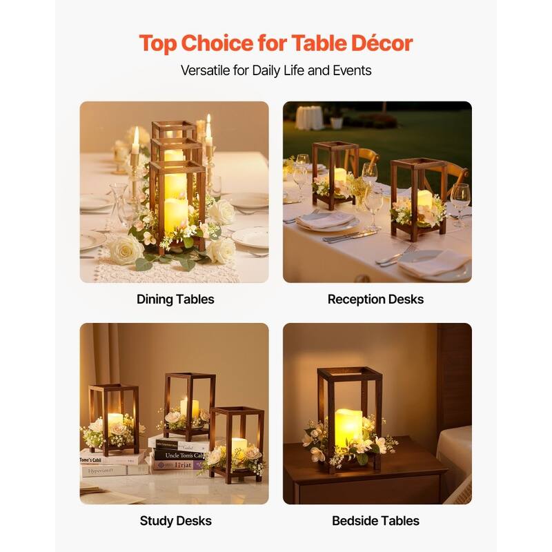 Wooden Wedding Lantern Set with LED Candles and Eucalyptus Wreath Rustic Cedar Table