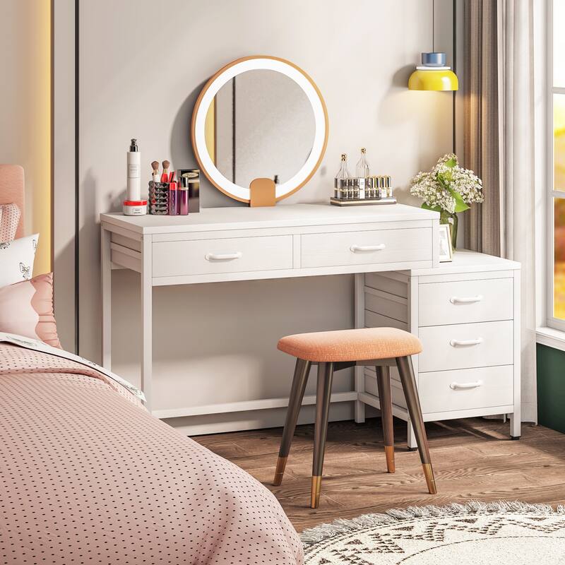 Modern Computer Desk with 5 Drawers, Home Office Desks with Reversible Drawer Cabinet Printer Stand