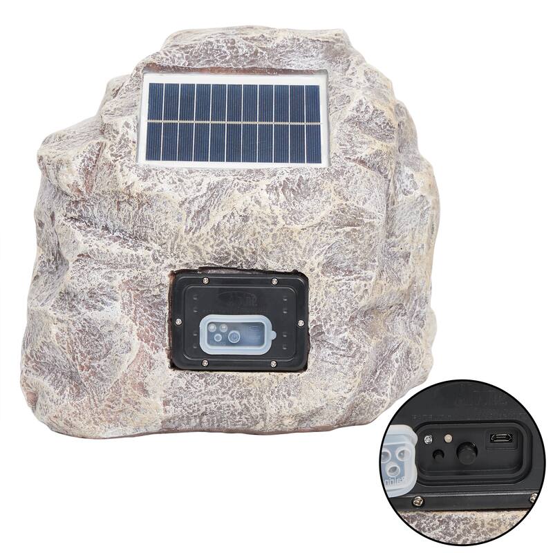 Alpine Corporation Solar Outdoor Bluetooth 5.0 Rock Speaker Set of 2 Pairing White 11" Tall, 49 ft. Range, USB, 12-Hour Playtime