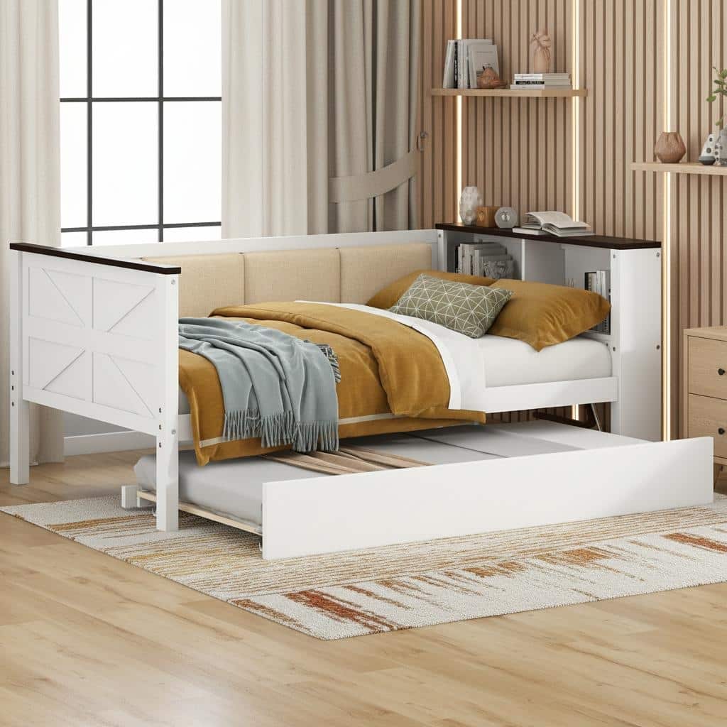 Wood Daybed with Storage Shelves, Charging Station & Upholstered Back by Harper&Bright Designs