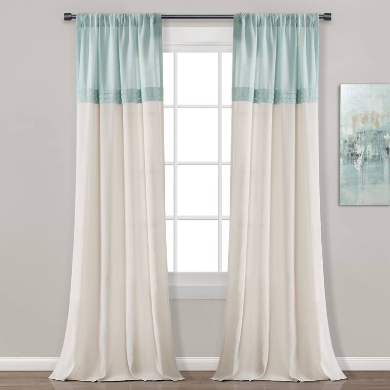 Lush Decor Farmhouse Faux Linen Colorblock Pleated Window Curtain Single Panel - 84" x 40" - Blue/Off-White