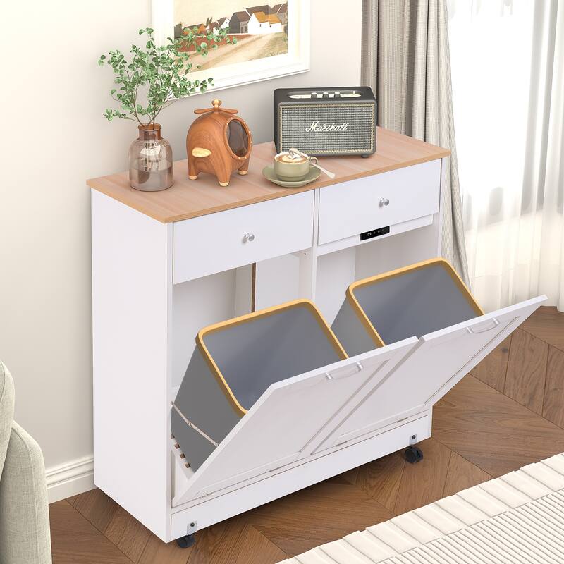 Erommy Tilt Out Trash Cabinet, Wooden Kitchen Trash Can Free Standing Waste Bin, Recycling Hideaway Garbage Can Holder - Upgraded - White