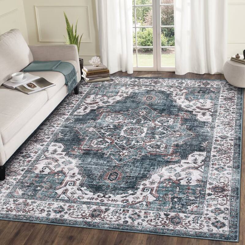 Vintage Rugs for Living Room, Medallion Print Soft Non Slip Low Pile Floor Carpet - 9'x12' - Blue