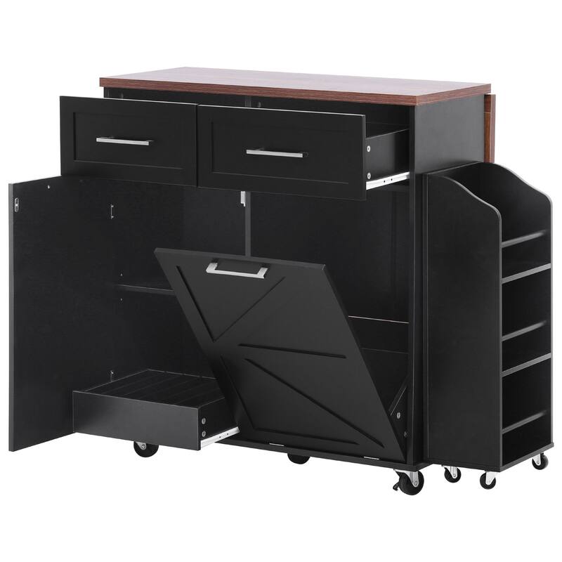 Roomfitters 47.2" Farmhouse Kitchen Island with Drop Leaf, Tilt Trash Can Cabinet, Removable Mobile Side Racks