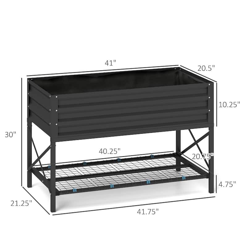 Outsunny Raised Garden Bed with Galvanized Steel Frame, Storage Shelf and Bed Liner, Elevated Planter Box