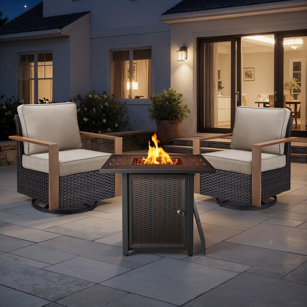 Meyreso 3-Piece Wicker Swivel Glider Metal Fire Pit Set with Plush 4.5" Olefin Cushions