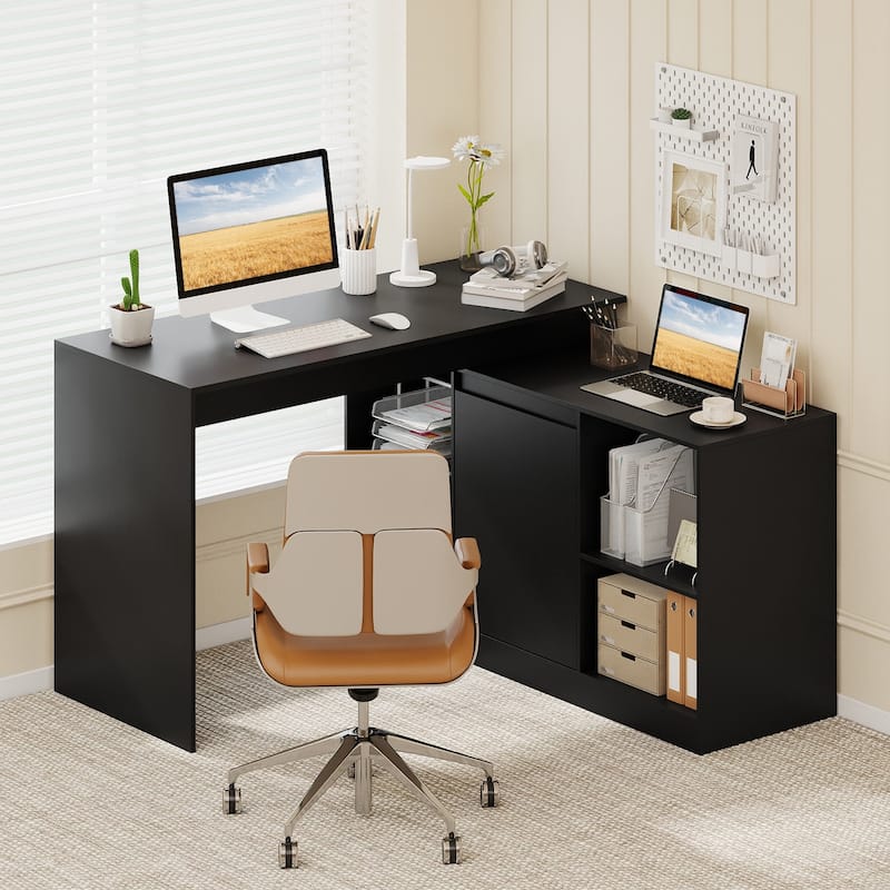 Gymax 48'' Reversible L-shaped Computer Desk w/2 Doors 4 Open Storage