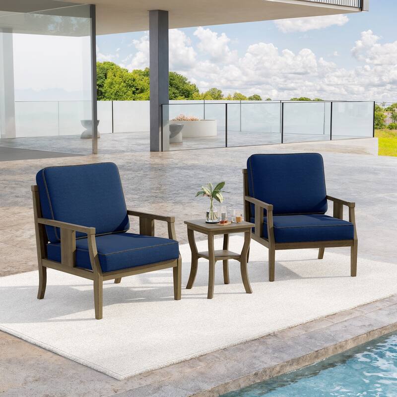 3-Piece Teak Wood Outdoor Armchair Set with Side Table, Cushions, Patio Seating Sets