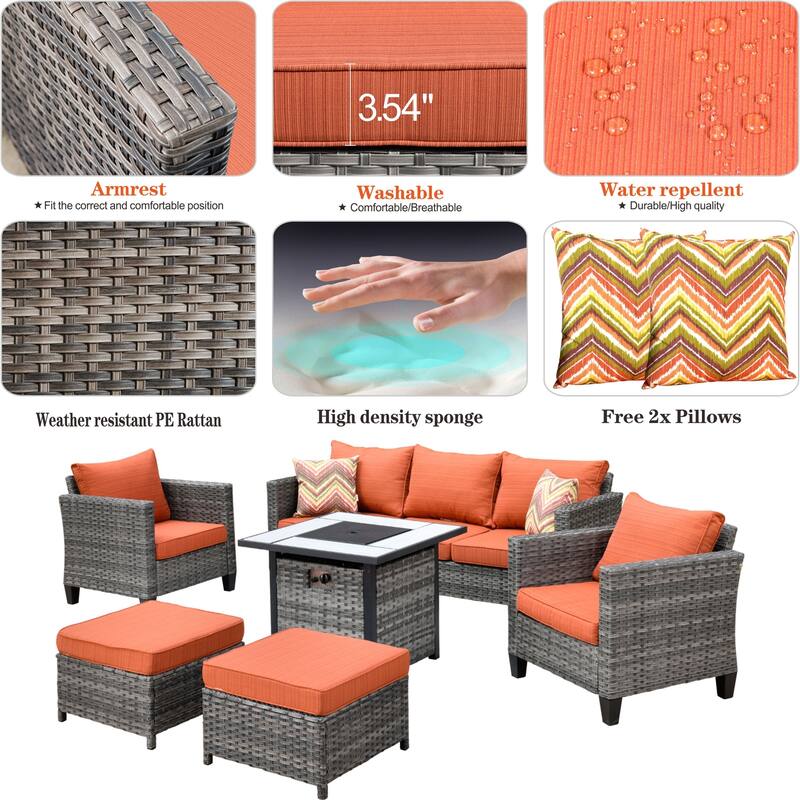 OVIOS 6-piece Patio Outdoor Wicker Conversation Set With 30" Fire Pit