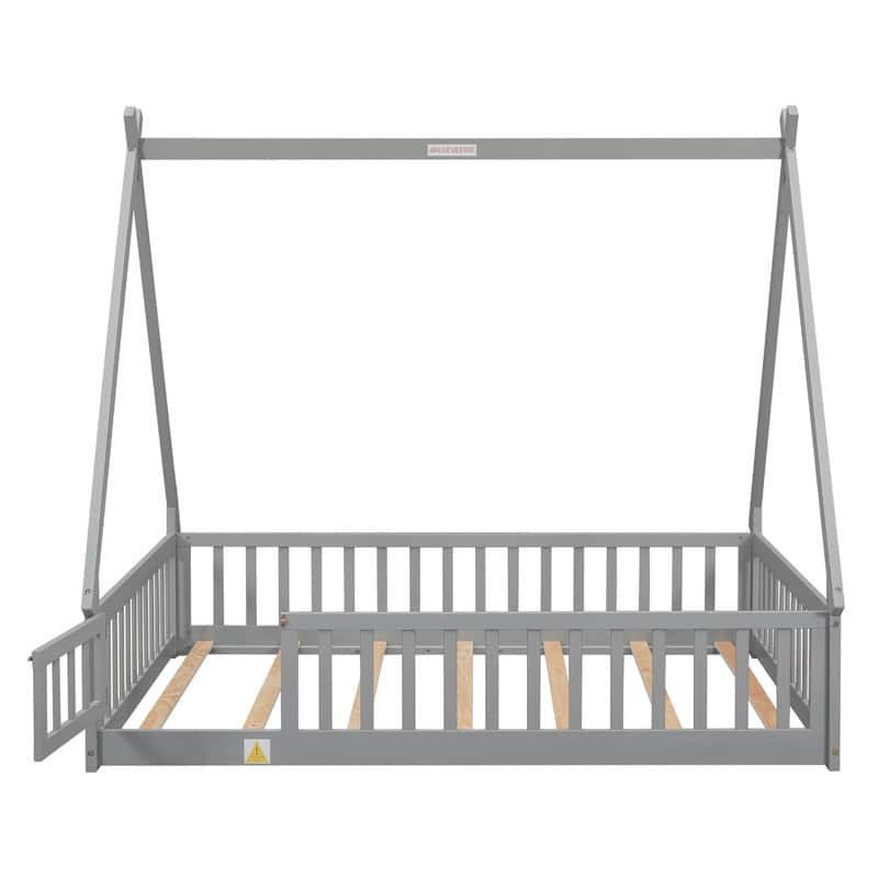 Tent-shaped Full Size Floor Bed with Guardrails, Slats, Door, for Kids