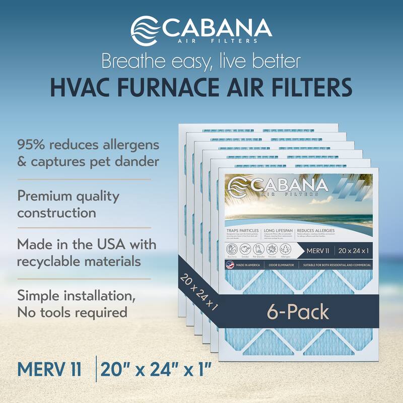 Cabana Air Filters 6 Pack HVAC Furnace Air Filters, MERV 11, 20 x 24 x 1, White - 0.88