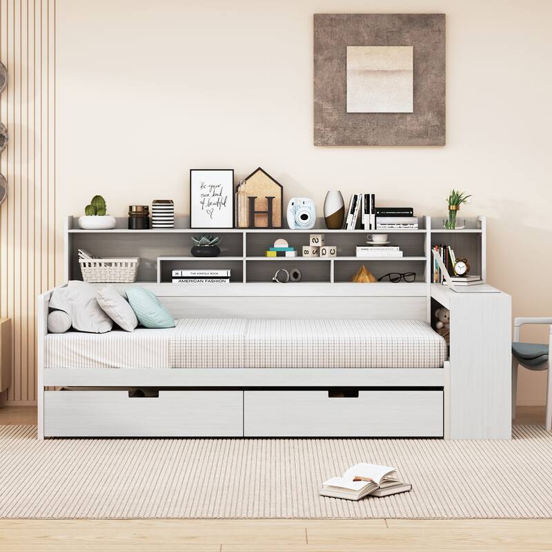 Wooden Daybed with Storage Shelves, Multi-functional Bed with Two Storage Drawers and Study Desk