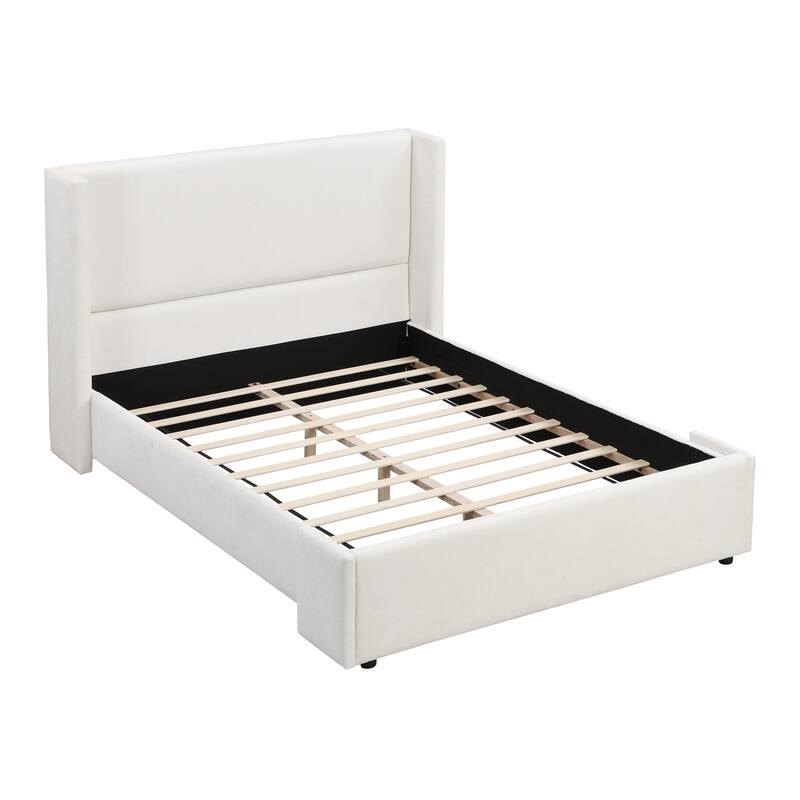 Queen / King White Upholstered Bed with Tall Headboard and Soft Touch Fabric - White - Queen