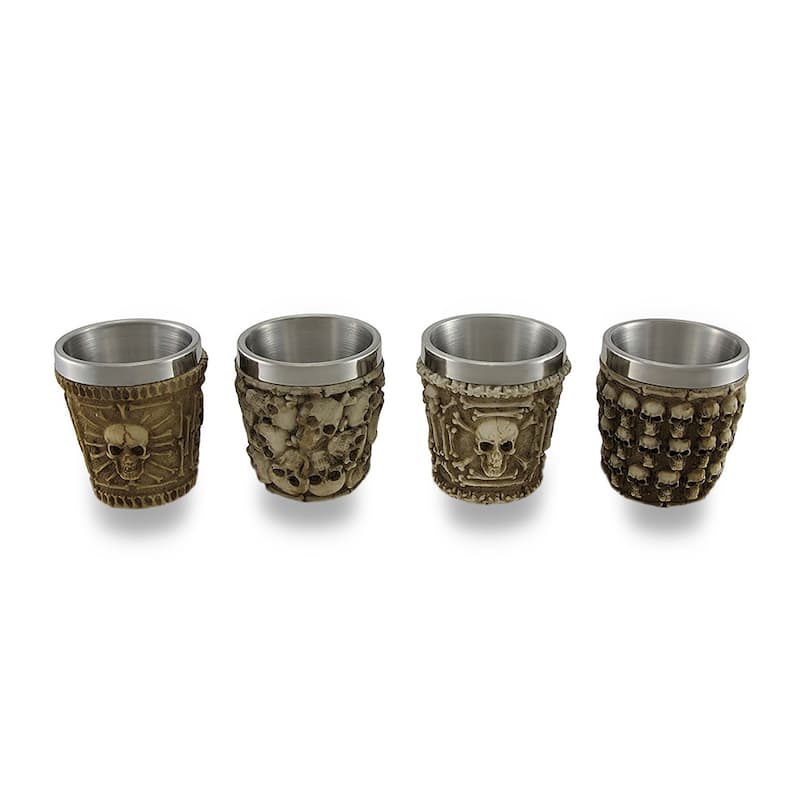 Set Of 4 Human Skull Themed Resin And Stainless Steel Shot Glasses - 2.2 X 2 X 2 inches