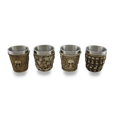 Set Of 4 Human Skull Themed Resin And Stainless Steel Shot Glasses - 2.2 X 2 X 2 inches