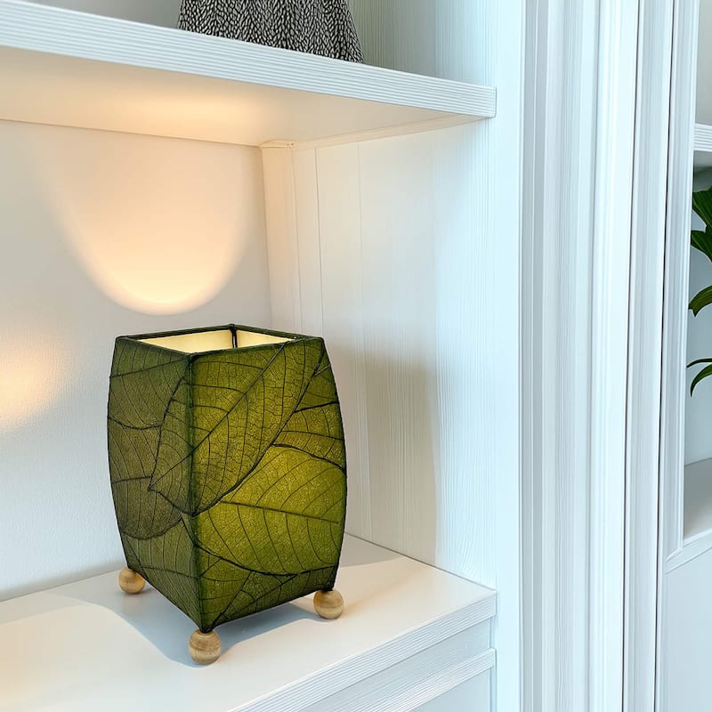 Handmade Mini Square Cocoa Leaf Table Lamp, Cocoa Leaves Shade, 6 x 6 x 9 in. - Green