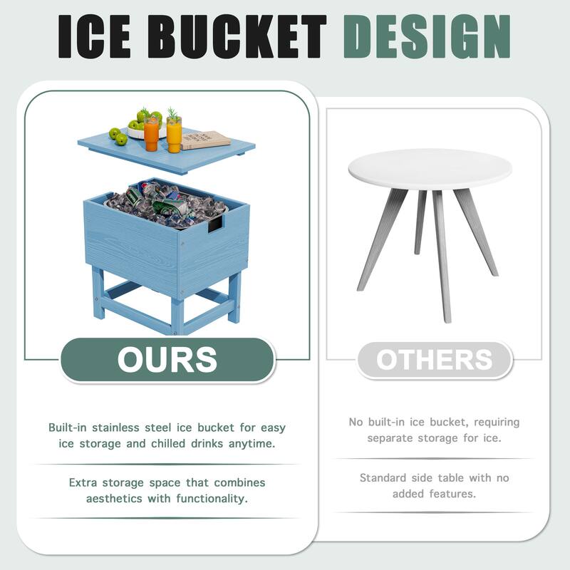 Outdoor Patio Weather Resistant HDPE Coffee & Side Table, Build-in Stainless Steel Cooler Bucket