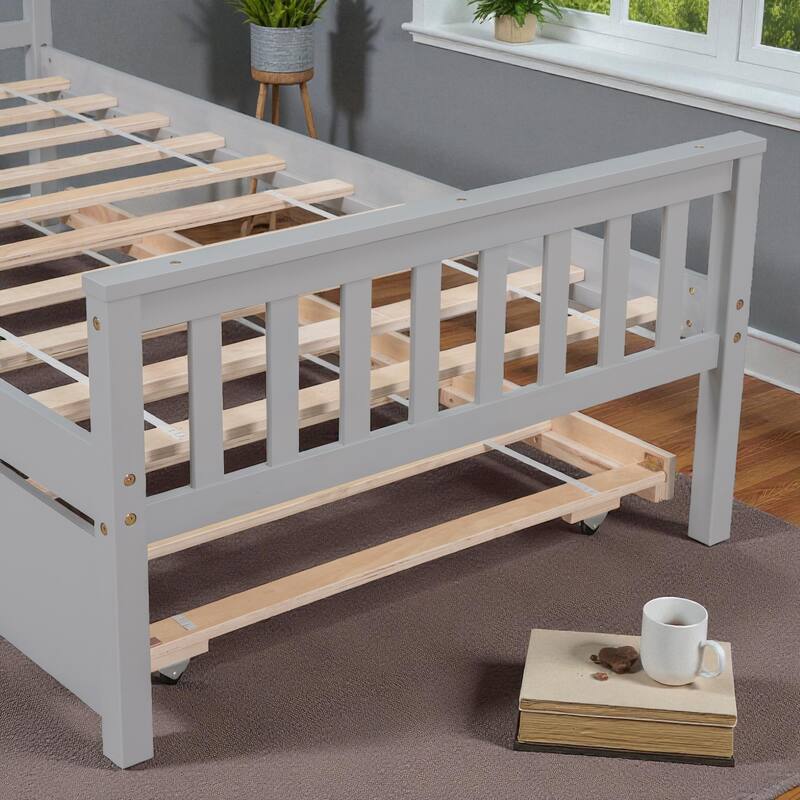 Twin Size Wooden Platform Bed with Trundle, Headboard and Footboard, Space-Saving Design for Guest or Small Bedroom