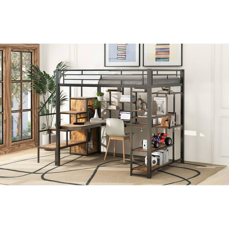Full Size Metal Loft Bed with Storage Staircase, Small Wardrobe, and Desk