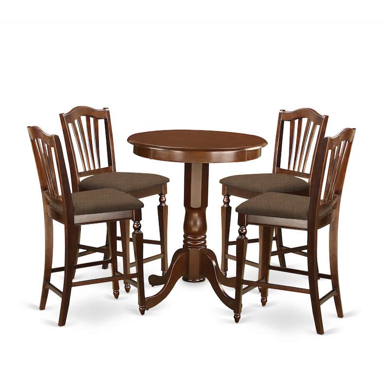 East West Furniture 5 Piece Counter Height Table Set- a Round Table with Pedestal and 4 Dining Chairs, Mahogany (Seat Option)