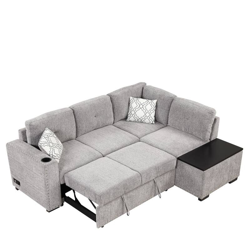 Pull-Out Sofa Bed L-Shape Sectional Sofa, Linen Deep Seat Sofa with Adjustable Headrest, Wireless Charging and Cup Holders