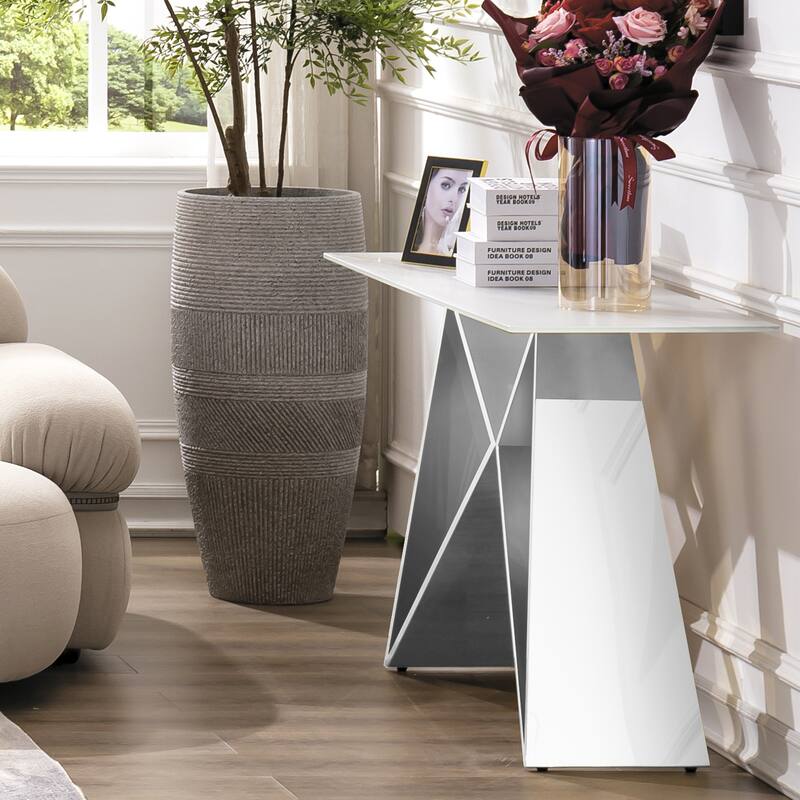 55 inch Rectangle White Glass Console Table with Mirrored M-Shaped Base
