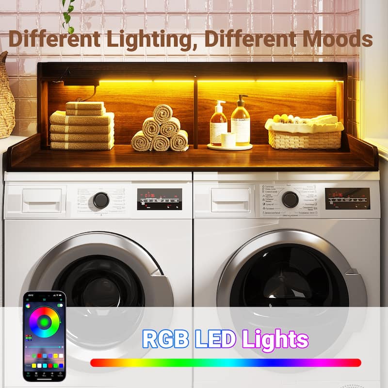 54" x 27.4" Laundry Countertop for Washer and Dryer with Non-Slip Pads，LED Lights，Power Outlets