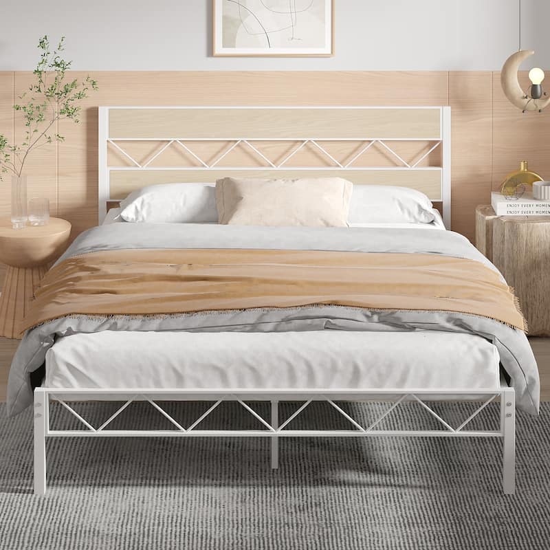 VECELO Vintage Metal Platform Bed Frame with Wood Headboard, Storage Bed, Noise-Free, No Box Spring Needed, Twin/Full/Queen Size